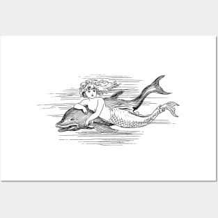 Hand Drawn Mermaid & Dolphin Pencil Posters and Art